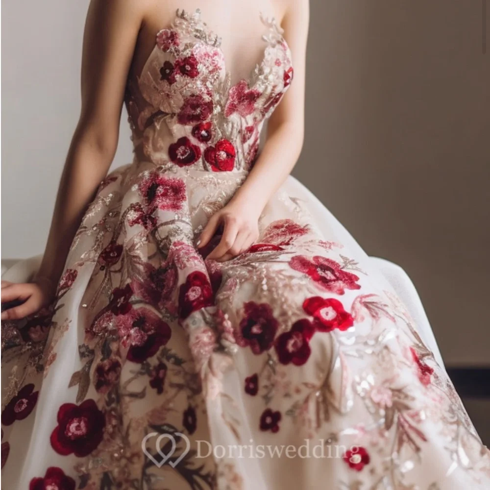 Floral Embroidered Wedding Dress - Red and Cream size 14 - Picture 1 of 3